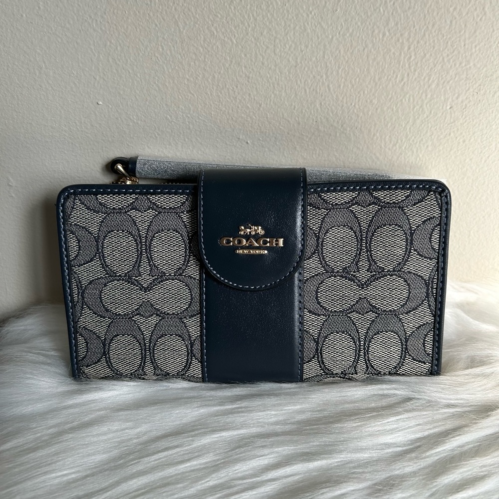 Coach Phone Wallet Midnight Navy Signature Jacquard Leather C6995 New